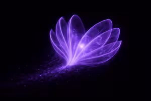 A solitary translucent organism unfurling layered membrane panels like living pages, fragments of light drifting inside as if assembling a story, body slowly opening before illumination spreads, quiet anticipation of creation, pure black background, violet bioluminescent, macro photography, 16:9, minimalist